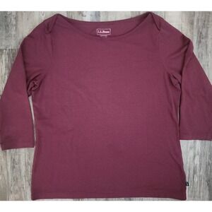 LL Bean Womens Shirt Size Medium Petite Red Burgundy Top Stretch 3/4 Sleeve